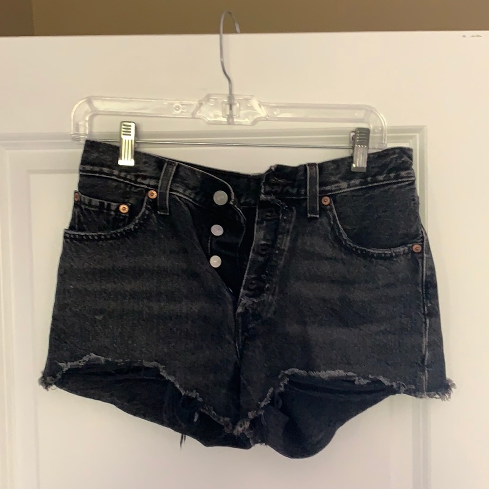 Levi distressed black denim short with fringe